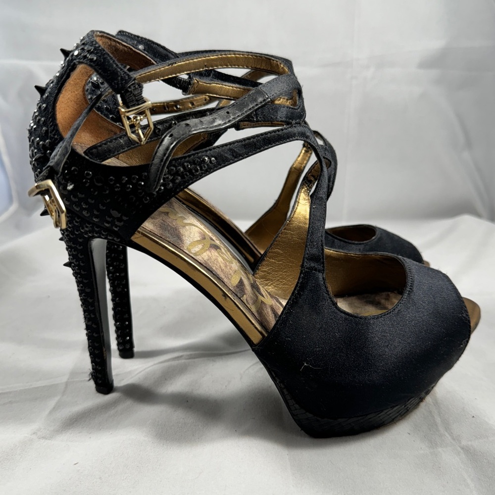 Sam Edelman strappy black and bronze open toe rhinestone pump. 8.5